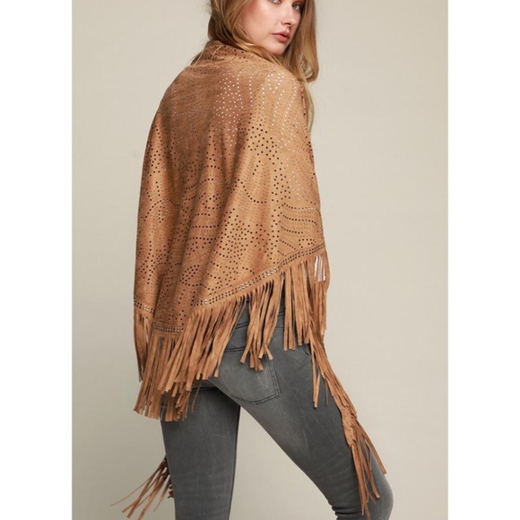 Suede Fringe Shawl Boho Wrap - Picture 2 of 3